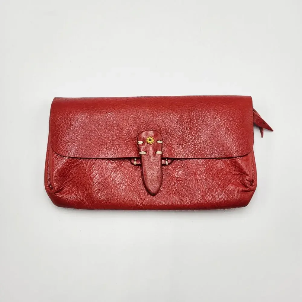 Fredd + Basha Red Leather Embroidered Daisy Snap Button Closure Accordion Wallet